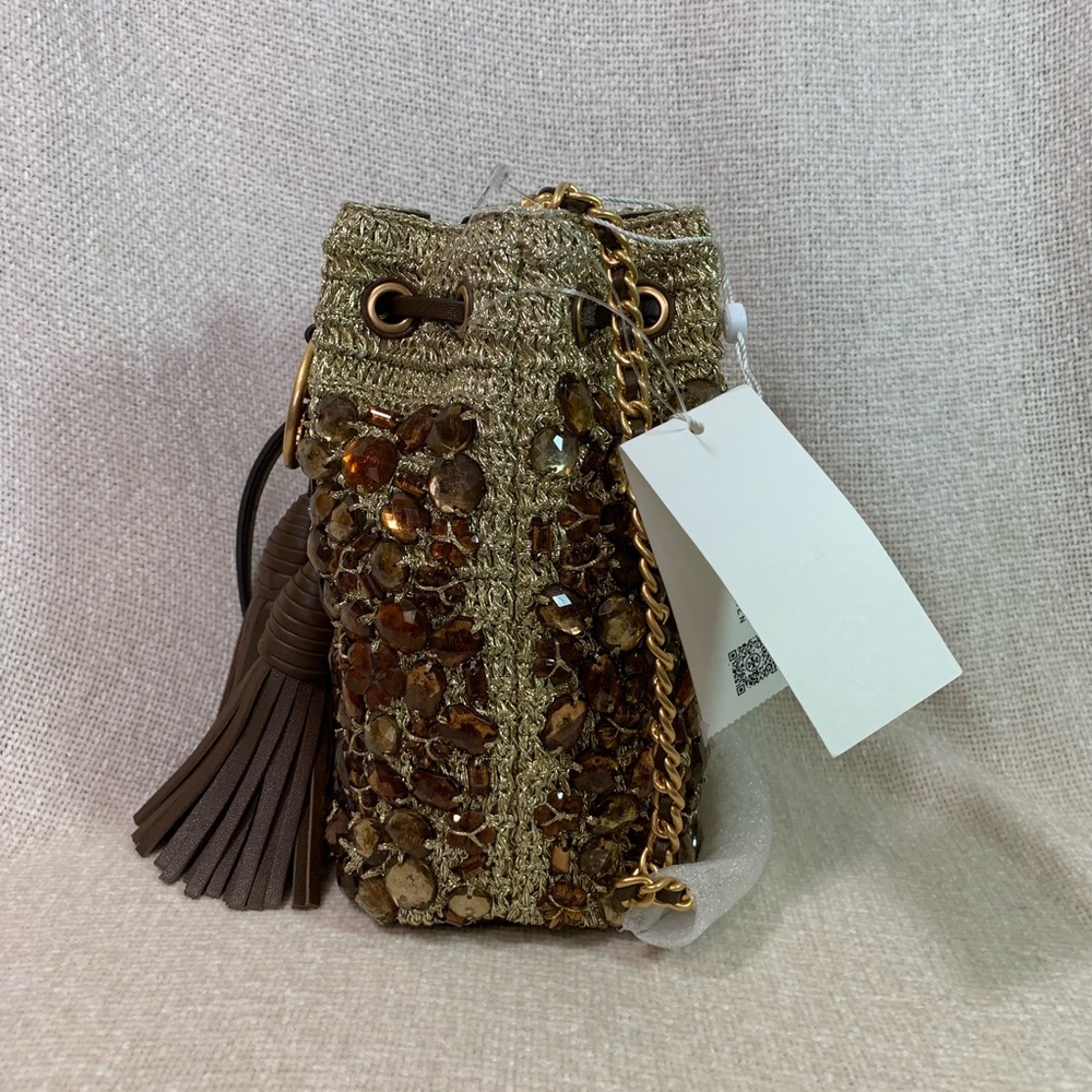 NEW Tory Burch Soft Fleming Gold Crochet Jewel Mini Bucket Tote/Crossbody Bag - Picture 4 of 16
